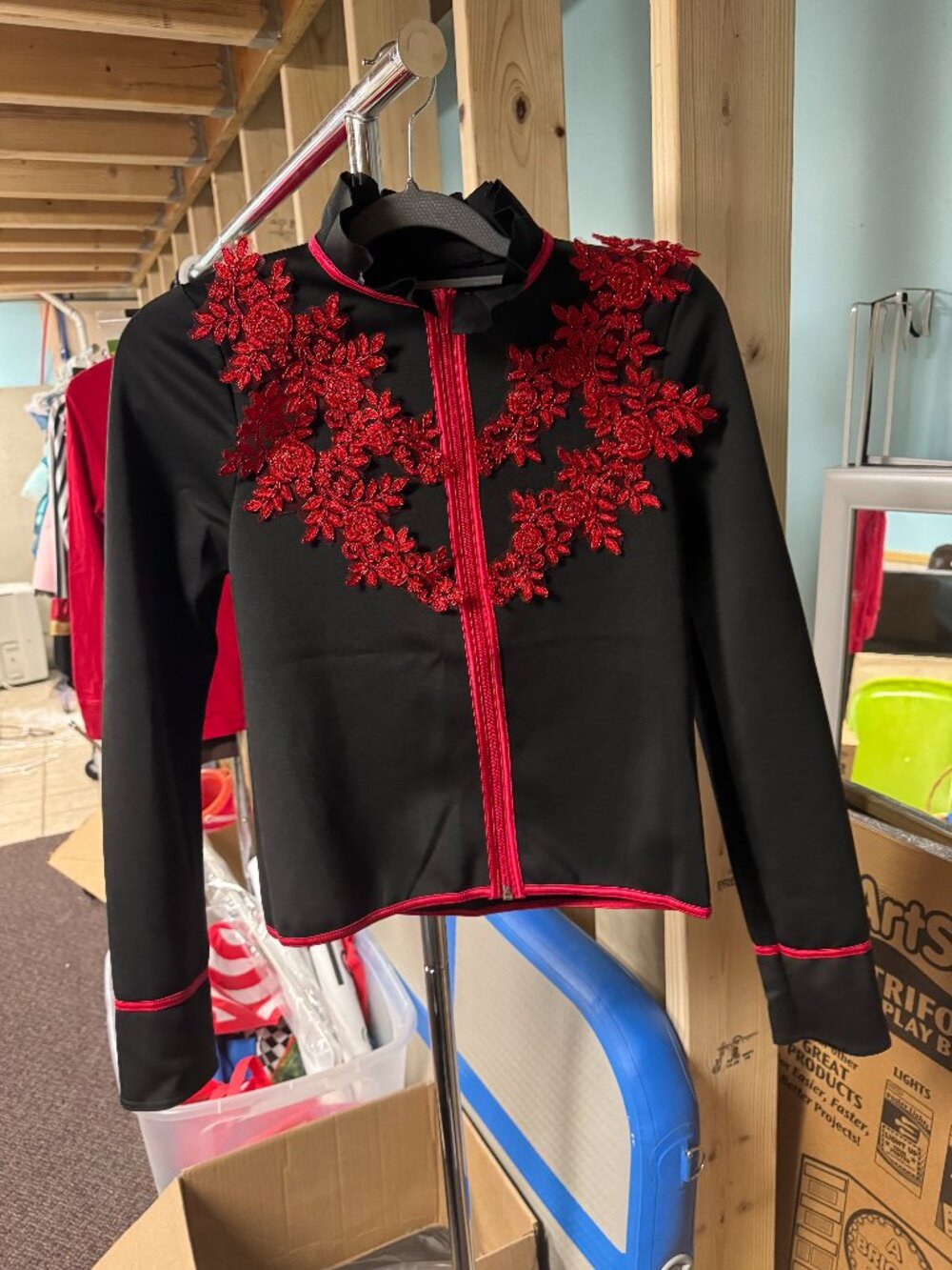 Weissman Dance Costume Black Zip Up Jacket with Red Appliques Size Small Adult